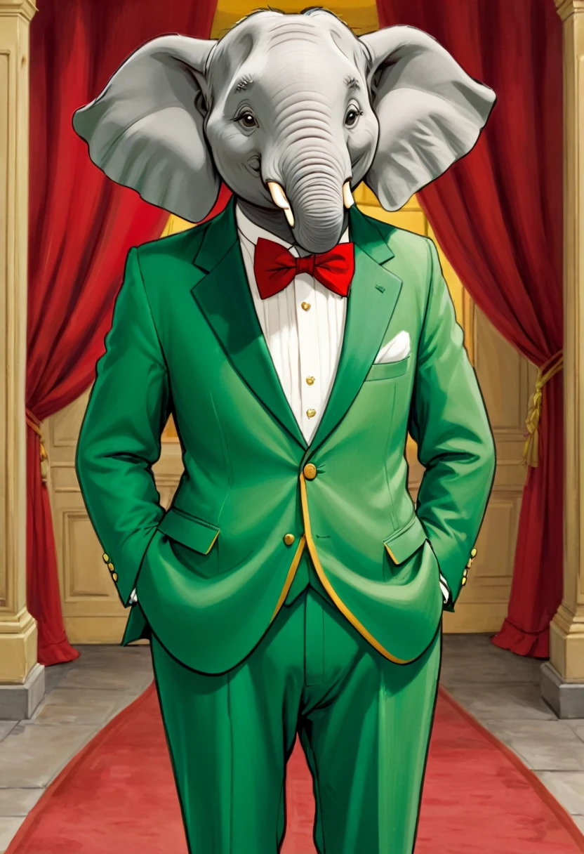 Babar The Elephant In The Style Of Laurent De Brunhoff. The Anthropomorphic Elephant In A Green Suit And Red Bowtie.