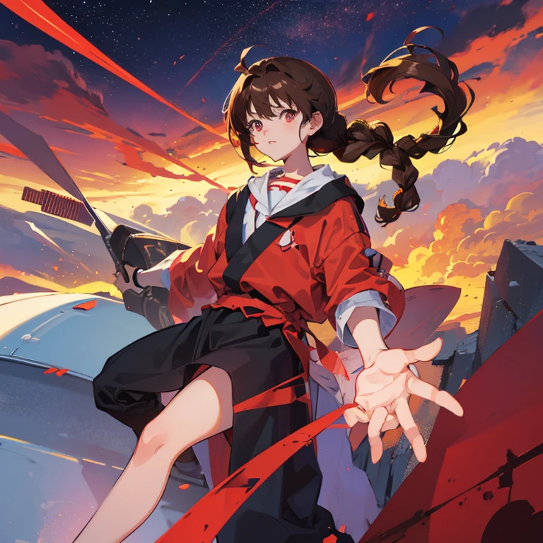 One from the anime Evangelion with brown hair with a braid hairstyle and red eyes