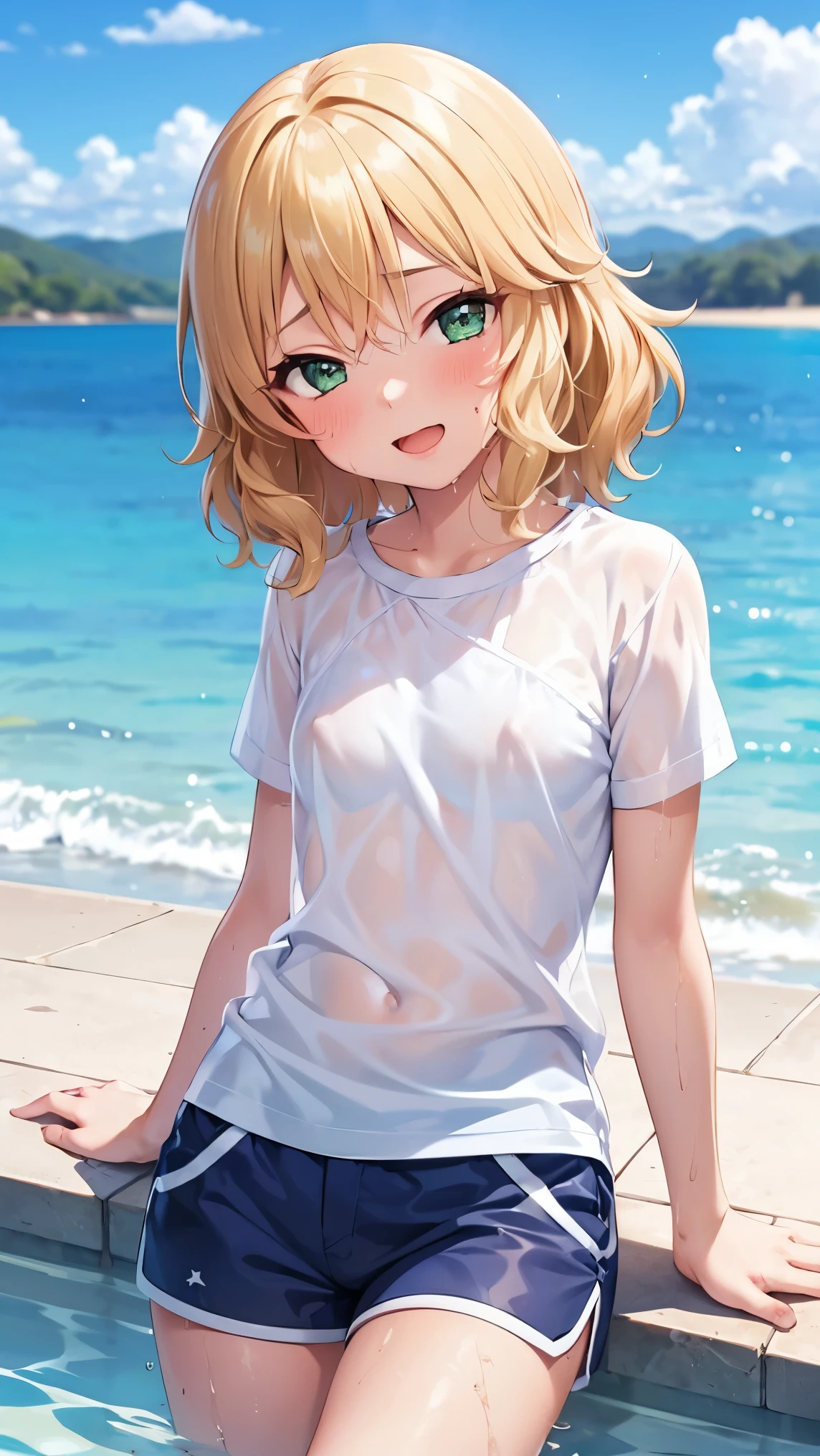 highest quality,1girl,((((10 years old)))),flat chest,orgasm,blush, sweat, sakurai momoka,blonde hair,white shirt,dolphin shorts((wet,see through:1.1)),erect nipples