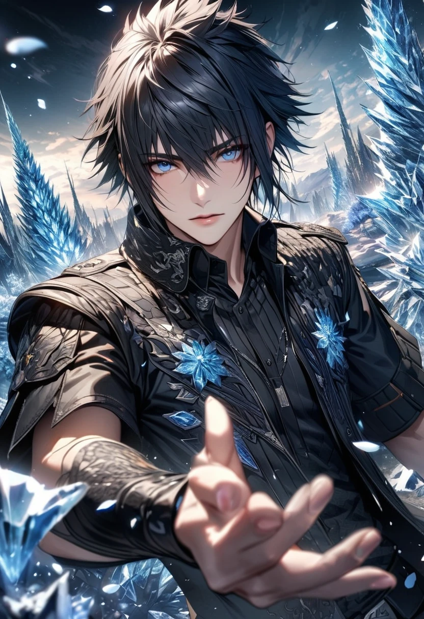 absurdres, highres, ultra detailed, HDR, master piece, best quality, extremely detailed face and eyes, perfect face, beautiful eyes, Noctis Lucis Caelum, black hair, expressive blue eyes, Final Fantasy xv, patterns, solo, man, handsome, ice butterflies, ice trees, ice flowers, ice petals