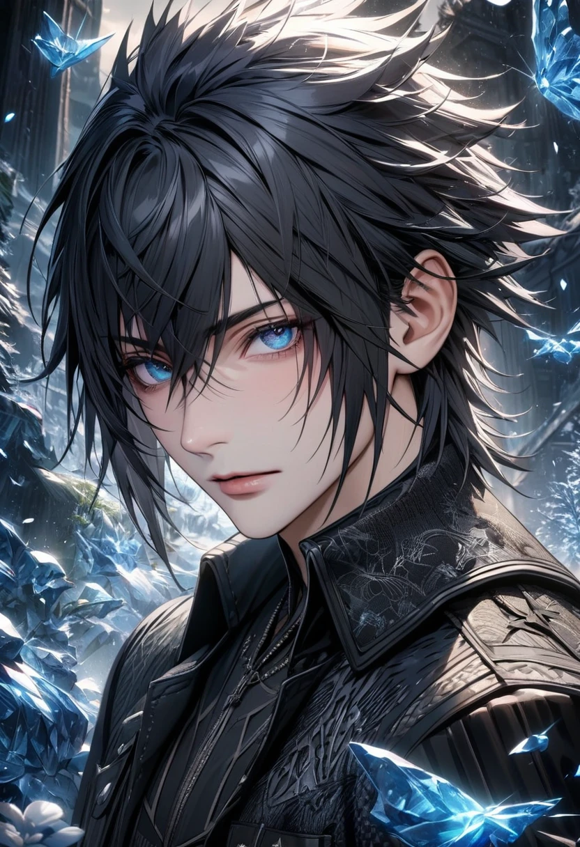 absurdres, highres, ultra detailed, HDR, master piece, best quality, extremely detailed face and eyes, perfect face, beautiful eyes, Noctis Lucis Caelum, black hair, expressive blue eyes, Final Fantasy xv, patterns, solo, man, handsome, ice butterflies, ice trees, ice flowers, ice petals