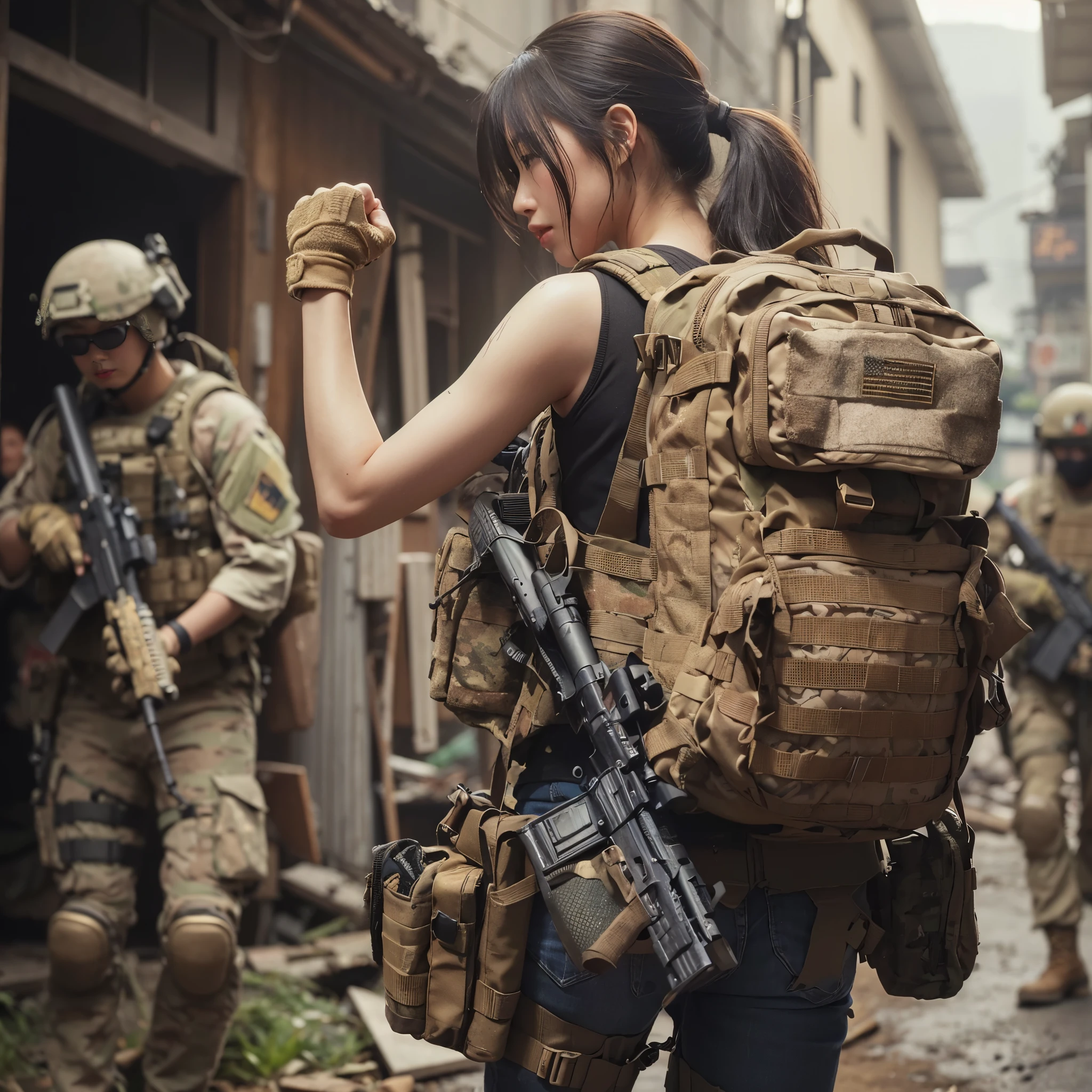 8K, realistic photo, realistic skin texture, Beautiful Japanese women in the US military、Outside the ruins of a giant American supermarket、Operation End、Car buried in rubble、Automatic rifle、Bulletproof vest、Exhaustion、Giving a fist bump to other team members、Rescue the hostage safely、backpack、boots、Covered in scars、Dynamic pose、Innovative composition
