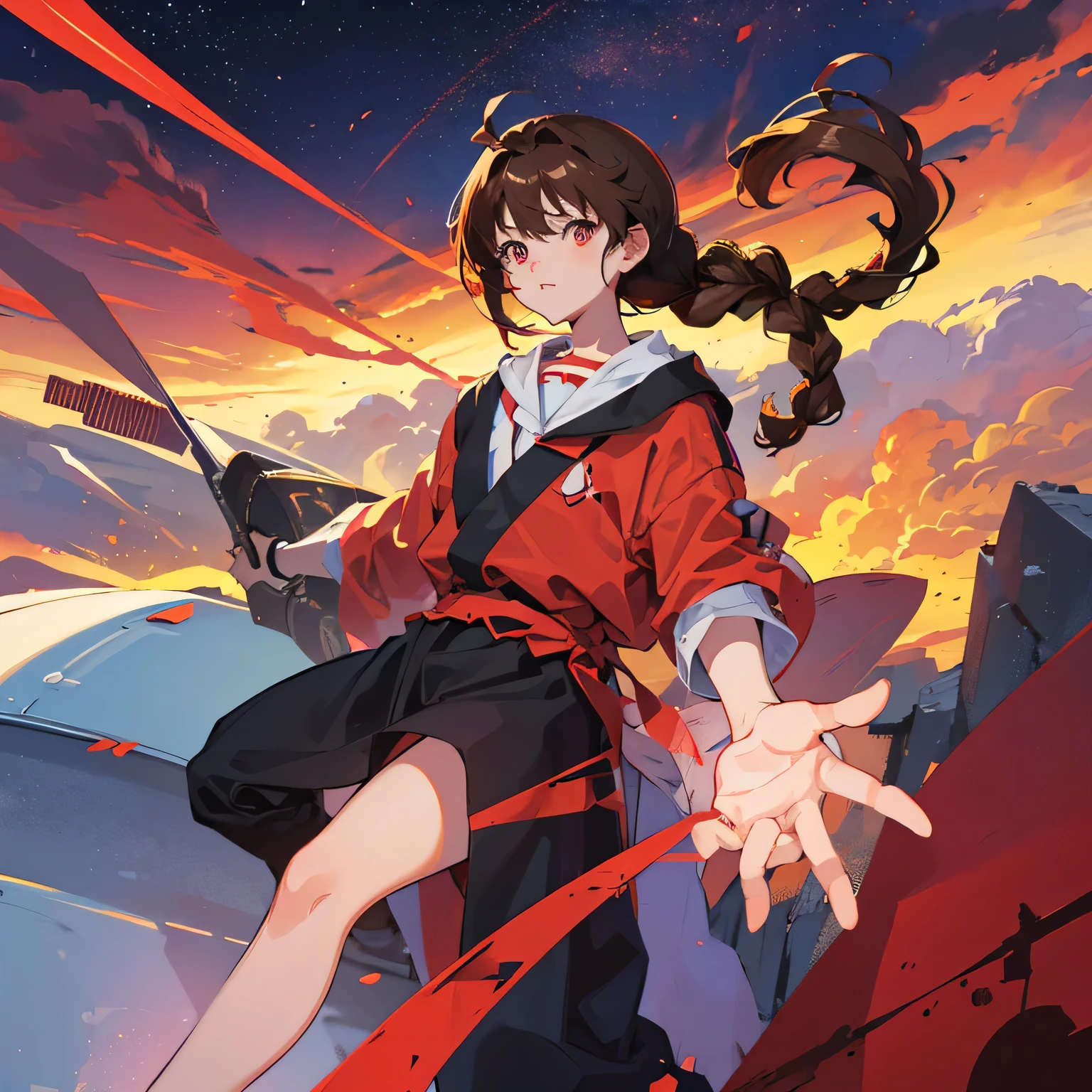 One from the anime Evangelion with brown hair with a braid hairstyle and red eyes