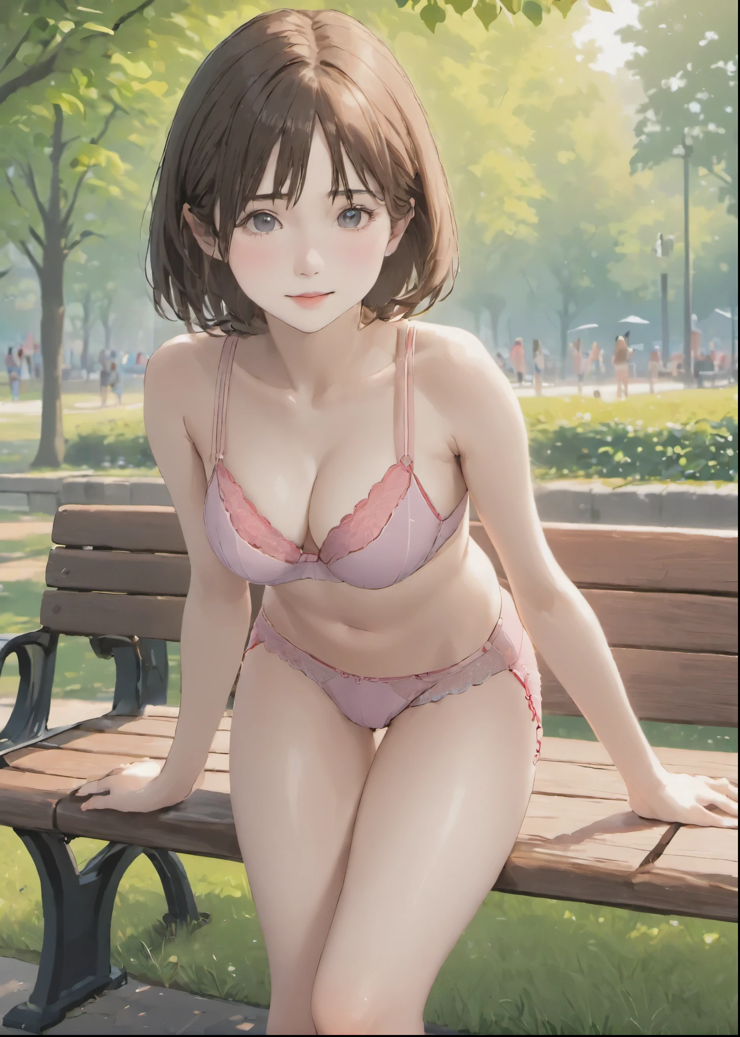 ((photorealistic background:1.5)),((Gravure idol pose:1.5)), (Small breasts:1.1), On a park bench, cute, Little, Kindergarteners, 5 heads, , (masterpiece, highest quality, 4K:1.2), ((One girl;1.3)), ((alone:1.0)), Beauty, cute, ((Sexy Underwear:1.3)), ((Thin panties:1.3)) , 