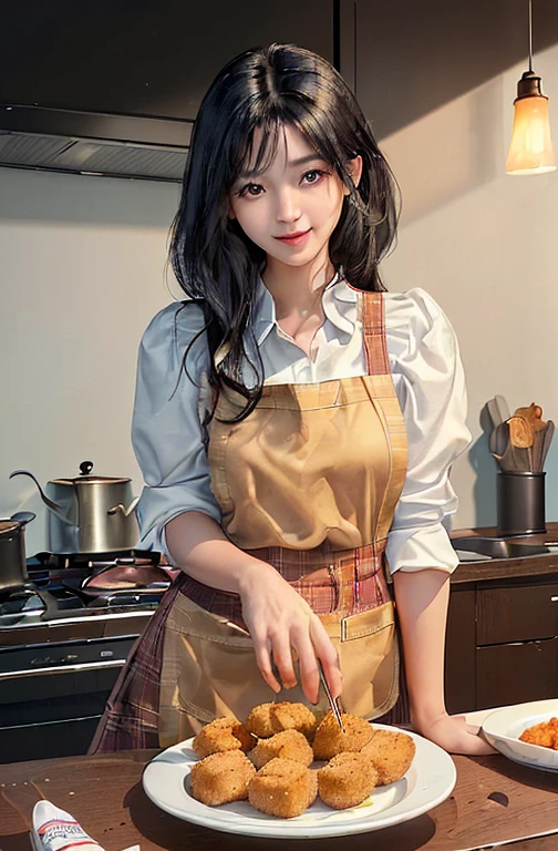 A beautiful young Asian girl wearing a cute plaid apron, with her silky black hair cascading down her shoulders, is the main focus of the image. The girl exudes elegance, radiating grace and charm. Her almond-shaped eyes sparkle with enthusiasm, drawing the viewers' attention. As she presents a product of vacuum-packed chicken nuggets, her gentle smile invites the viewers to discover culinary delights. 

To enhance the image, include a nearby table with a plate of cooked chicken nuggets as samples. The nuggets should be showcased in an enticing manner, tempting the viewers with their delicious aroma and mouth-watering appearance.

The image should possess the best quality, with a resolution of 4K or 8K. It should be ultra-detailed and realistic, reflecting the professional nature of the artwork. The lighting should be well-crafted, with studio lighting techniques applied to accentuate the girl's features. 

To enhance the overall aesthetic, incorporate vivid colors that complement the scene. The color palette should be warm and inviting, emphasizing the appetizing nature of the chicken nuggets. 

In terms of style, the image should be reminiscent of a food advertisement or a culinary concept art. The goal is to showcase the girl and the chicken nuggets in an appealing and visually captivating manner.

The nugget is stick shaped, small, about 5 cm.