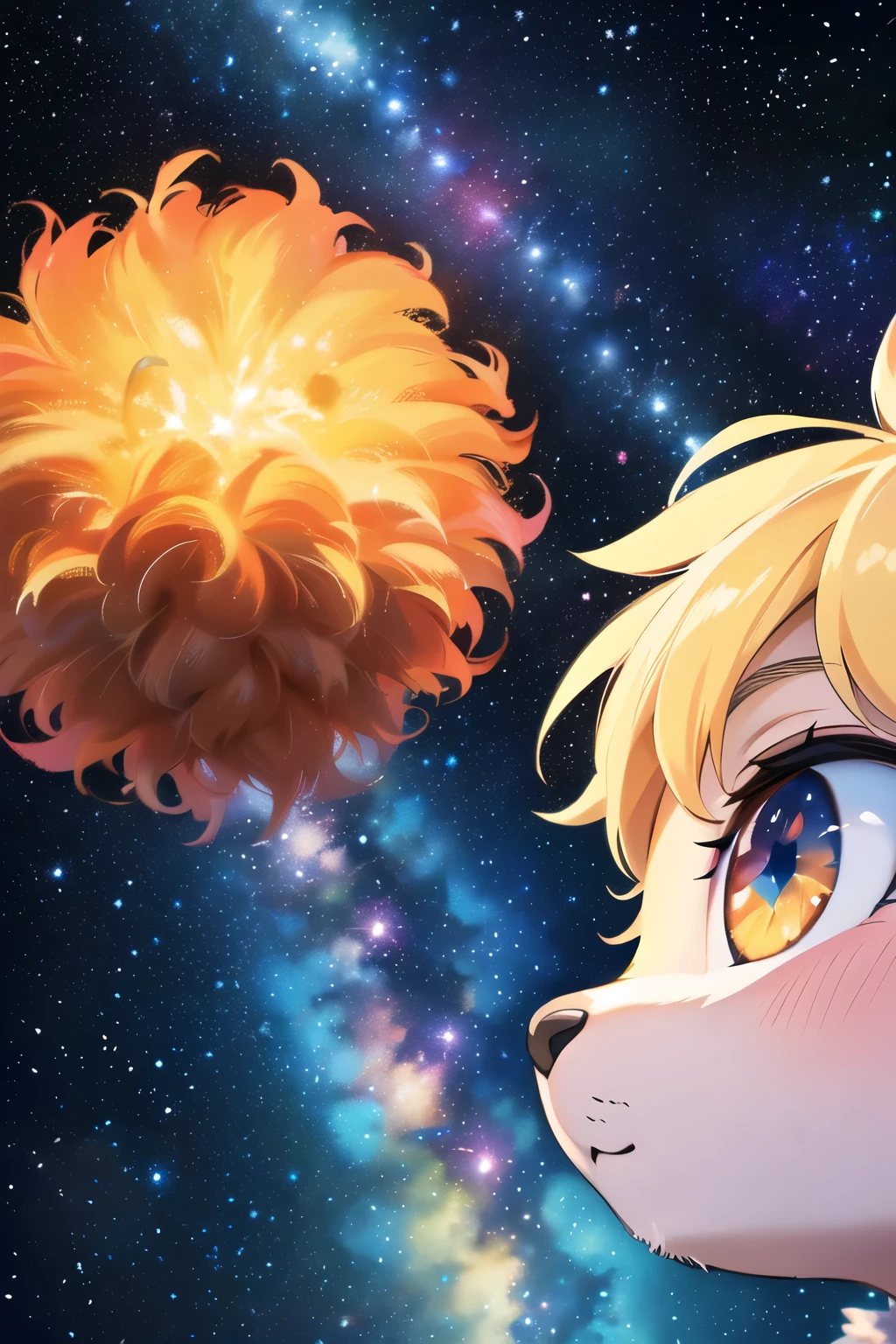 (Frey:1.2), Realistic fur, Details down to every fluff, big eyes, A anime boy wiclose up eyes, Radiant eye, close up, Two eyes looking up, Long eyelashes, Explosions, Surrounded by many colorful stars, Brilliant colors, Meteors, milky way, Colorful star clusters, close up shots, Oil painting style, A very clear oil painting in a simple palette style, 32 thousand HD, Beautiful boro, ancient era, Manga color