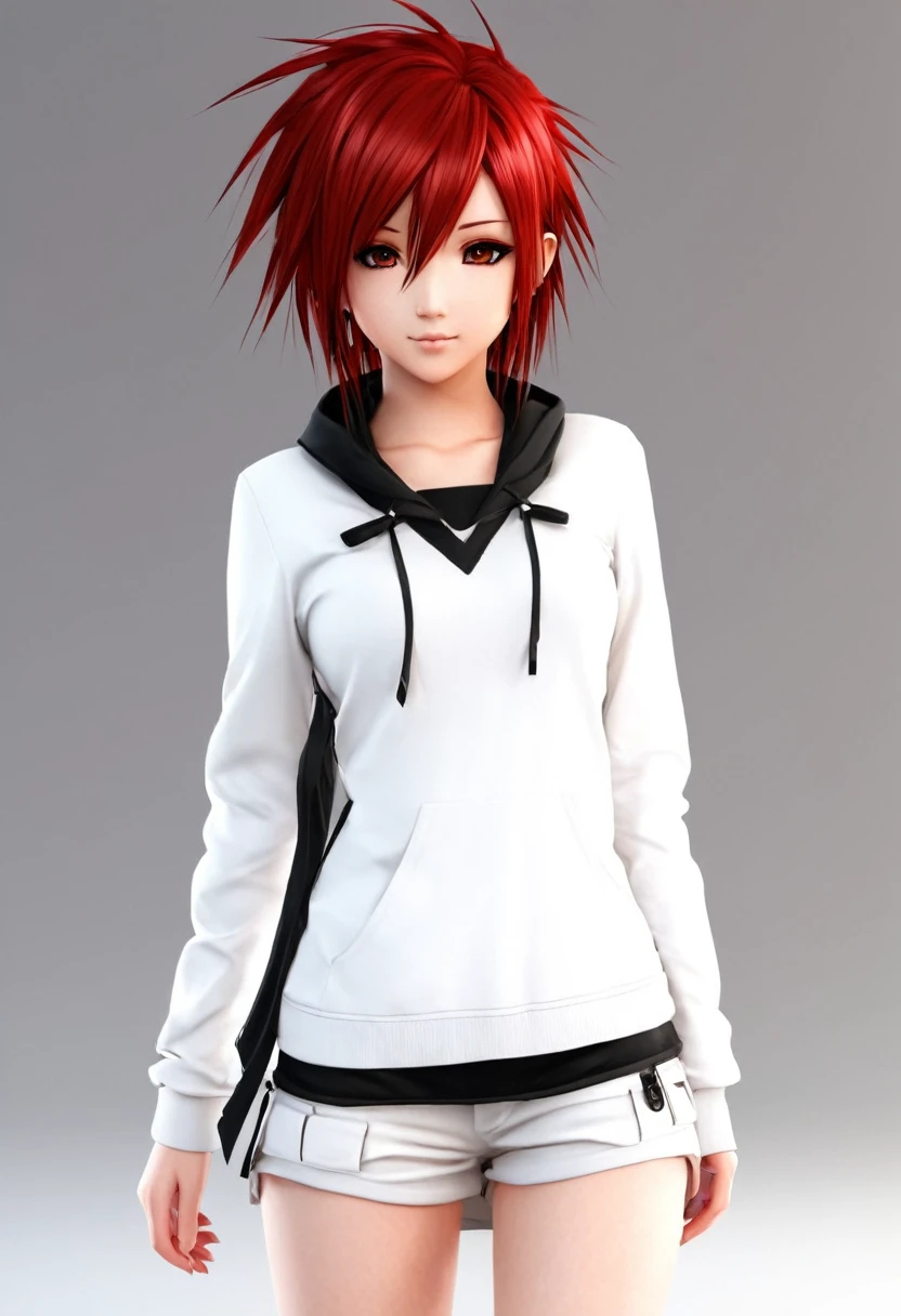 A cute girl with medium spiky red hair in white clothes with black details anime style hd