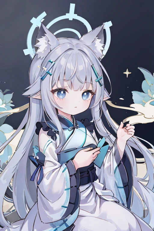 shiroko_bluearchive,beast ears,（masterpiece，Best quality：1.2），Implications，absurd，high resolution，Very detailed，1 ***********，eyes highlights，Hanfu，straight dress，Fluffy short sleeves，Frills，appearance，flowering，fluttering petals，Upper part of the body，（moon：1.2），night，Depth of Field，（:morality：0.8），looking at the sky, the background is a beach under the sky that is full of stars