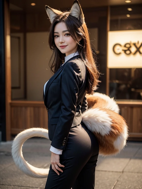 ((highest quality, 32k)), ((masterpiece)), (Get used to it), Perfect Face, Fox Girl, Beautiful woman, public, There is a tail, she has a fox tail, She wags her fluffy tail, smile, collar, She wears a business suit, Beautiful hip line, A tail sticking out from a business suit, Large Breasts, Big Ass