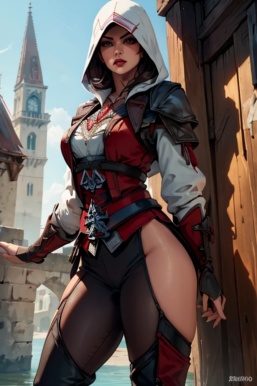 La mujer, Стиль Assassin's Creed, ropa corta, poca ropa, botas hasta la rodilla, Pulseras en las piernas, Ciudad medieval al fondo, Renacimiento, muy detallado, Realistic long-term photography., 4k, pelo largo, brown hair, By the chestnut, labios rojos, Chica con traje de Assassin&#39;s Creed Altair con capucha, hood, capucha, Assassin symbol&#39;s Creed en la cintura, sexy,red lips, brown eyes, big breasts, pechos grandes, breasts