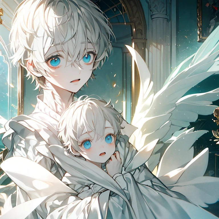Two-dimensional characters come to life in an illustration, showcasing a beautiful boy with pale skin and big eyes that seem to be brimming with emotion. His eyes water as he gazes inside the palace, reflecting a sense of ephemeral longing. The scene is set against the backdrop of a grand, yet ethereal palace, where the boy stands wearing simple white clothes that add to his innocent and pure image. The colors used are soft and muted, adding to the dreamlike quality of the artwork.
(magazine:1.3), (cover-style:1.3), beautiful, boy, pale skin, big eyes, my eyes are watering, ephemeral