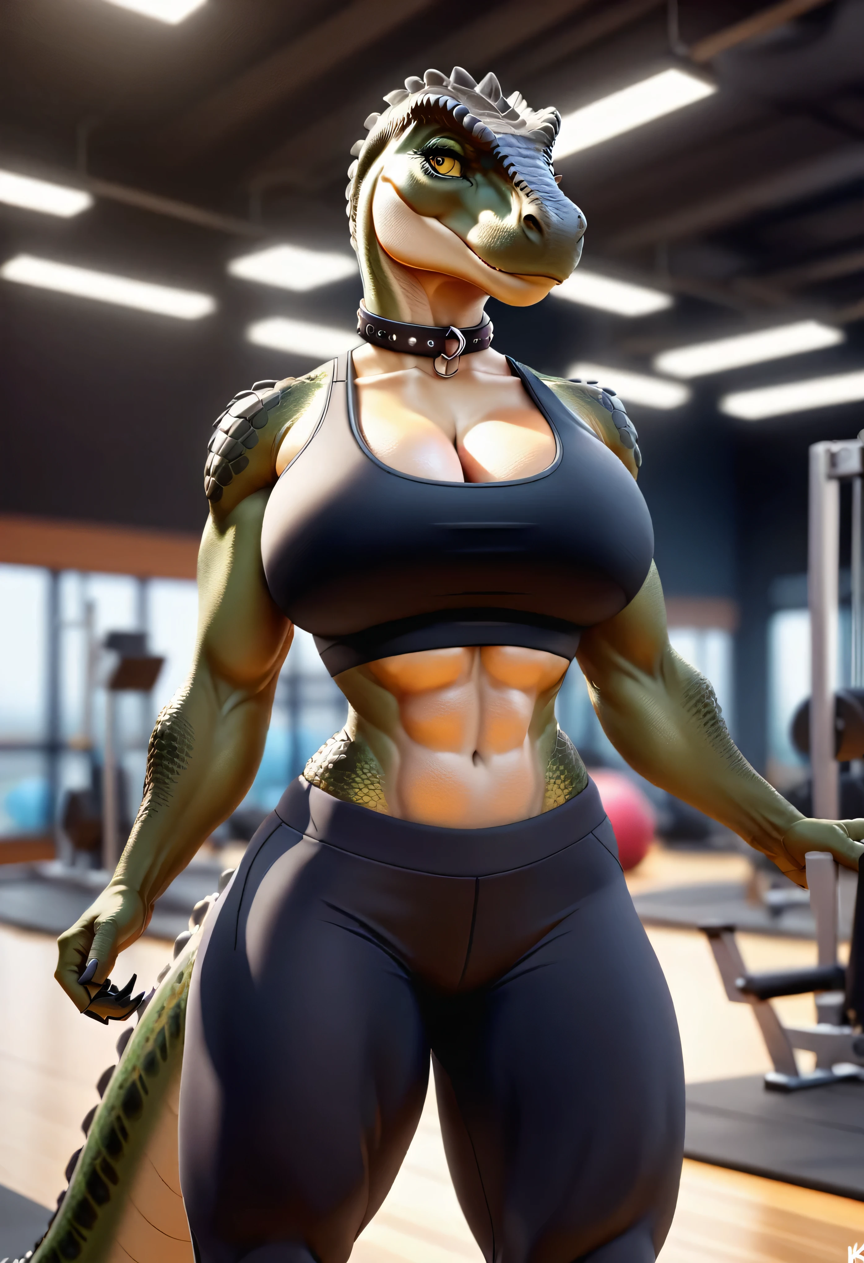 4k highly detailed realistic digital extremely high quality drawing, masterpiece, (by keeltheequine), (uploaded on e621), (a full-body portrait of a female anthro tyrannosaurus_rex), (instagram pose in a gym), (wearing a collar, sports bra, yoga pants), (beautiful and detailed eyes: 1.1), scales, seductive, sexy, voluptuous, curvy body, hourglass figure, large breasts, muscles, cinematic lighting, (f1.8 short focus bokeh)