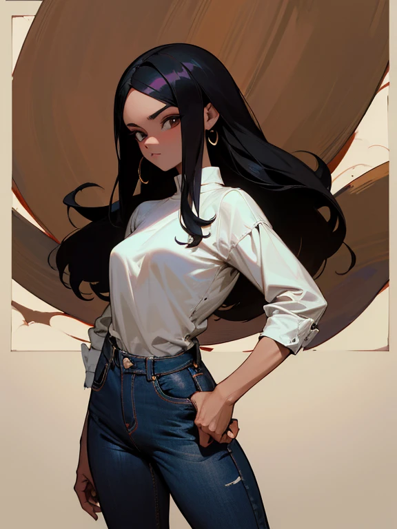 1 garoto, pele morena escura, cabelo preto comprido, olhos vermelhos, vestindo camisa branca lisa, jeans, gota branca, absurdos, high resolution, ultra-afiado, 8k, obra de arte, olhando para o espectador