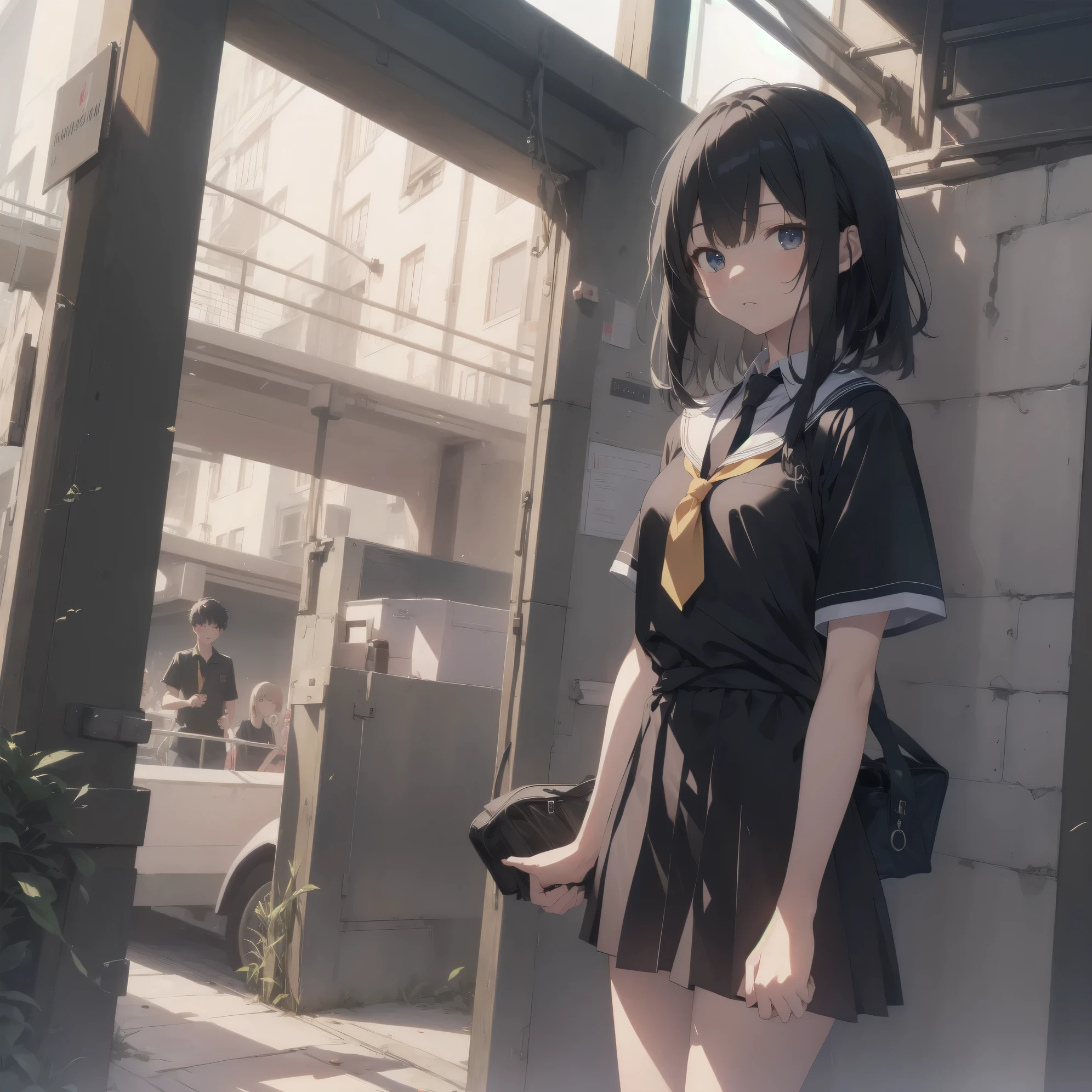 ultra-absurdres-Top quality by artist God, ultra-detailed, high resolution, anime moe artstyle, best anime 8k konachan wallpaper, pixiv contest winner, pool:2810, perfect anatomy,break, 1girl, (Please draw a girl walking sleepily to school alone. )break,(Solo,little female, -yeld:1.Full limbs, complete fingers,a junior hishort hair), short cut, flat chest, , small butt, small black eyes, beautiful detailed eyes, well-proportioned iris and pupils, expressive eyes, highres detailed hair, soft expression, school_uniform, neckerchief, collared shirt. pleated skirt,(Detailed Lighting), (Detailed background), in the School commute route. break,super detailed skin, Best cinematic lighting powered by famous artist, 8k,beauty illustration,photoshop_(medium),very aesthetic,break,((artist:modare )), artist:bolze ,artist:oyari_ashito ,artist:kantoku ,