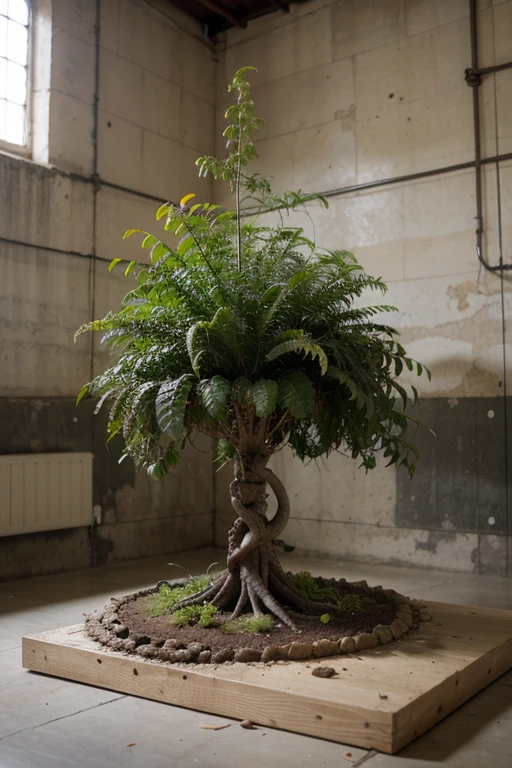 A large-scale model representing the basic anatomy of a plant, highlighting the root, el tallo y las hojas.