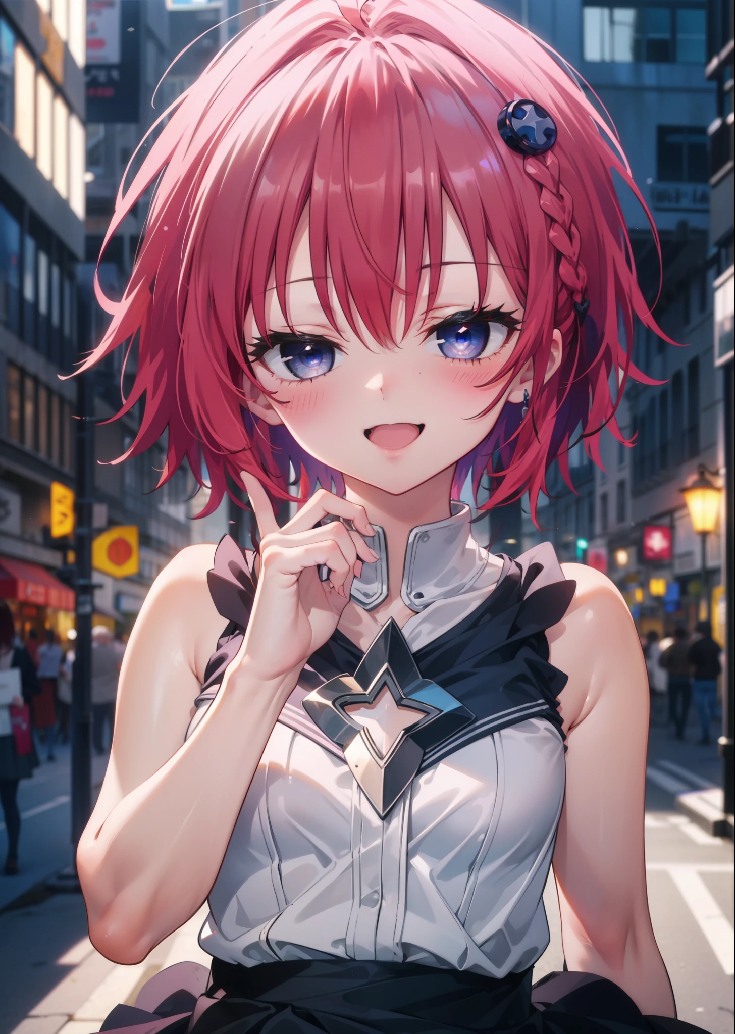 (masterpiece, highest quality:1.2),shape,8k,High resolution,kurosaki mea,Cowboy Shot,As if your whole body is in the illustration,1 girl,happy smile, smile, Open your mouth,Red hair,Long braids,Upper Body,(Portraiture:1.2),hair ornaments,smile,Purple eyes,Medium Chest,White Hair Band,ponytail,Sleeveless dress,Long skirt,Cute Sandals,happy smile, smile, Open your mouth,smile,blush, Building district (Cowboy Shot:1. 5),(masterpiece:1.2), highest quality, High resolution, unity 8k wallpaper, (shape:0.8), (Beautiful and detailed:1.6), Highly detailed face, Perfect lighting, Extremely detailed CG, (Perfect hands, Perfect Anatomy),