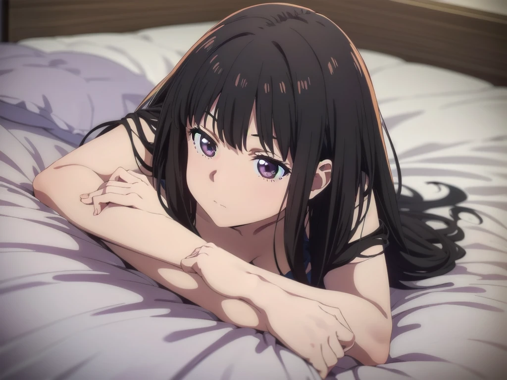 (((Pixel Perfect, Perfect detail))), ((alone, 1 girl)), takina inoue, Looking at the audience, Shut your mouth, between breasts, (lying prone on the bed:1.3), indoor, (full Body)