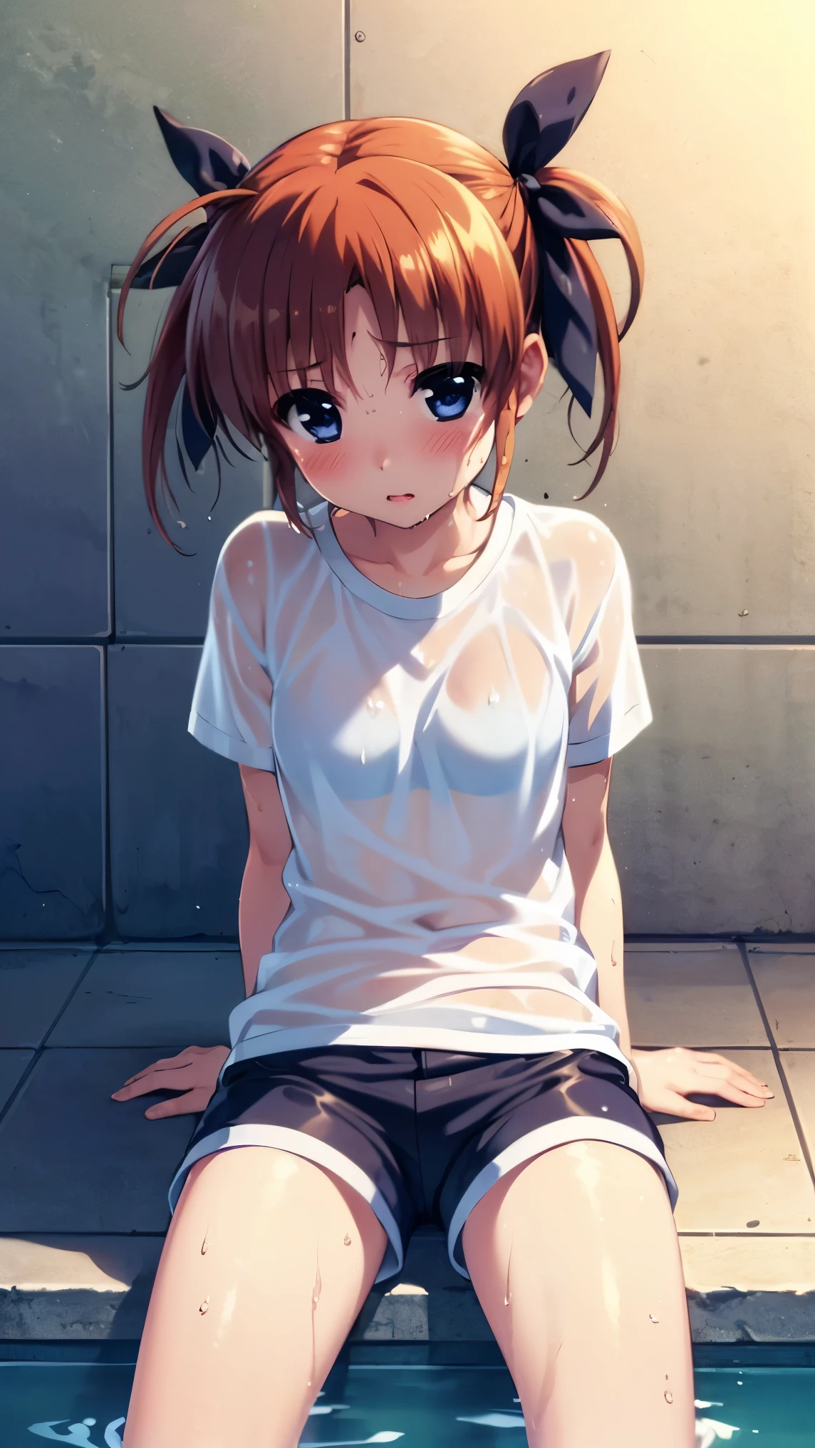 highest quality,best quality,1girl,((((10 years old)))),flat chest,orgasm,blush, sweat, Nanoha Takamachi,twintail,hair ribbon,white shirt,dolphin shorts,((wet,see through:1.1)),bra under shirt