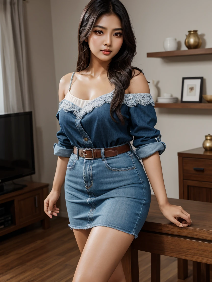 (tanned Indian|Korean woman), full body, looking at viewer, brown eyes, black hair, long-hair, tattoos, standing , legs spread, denim dress, embroidery and lace, simple background, thicc thighs, full_body view realistic photos of (1 cute Korean star) Shoulder-length hair, thin makeup, holding smartphone, clear facial features of Canon EOS, 8K high resolution, sharp and realistic details. Korean|Indian female, full body, looking at viewer,