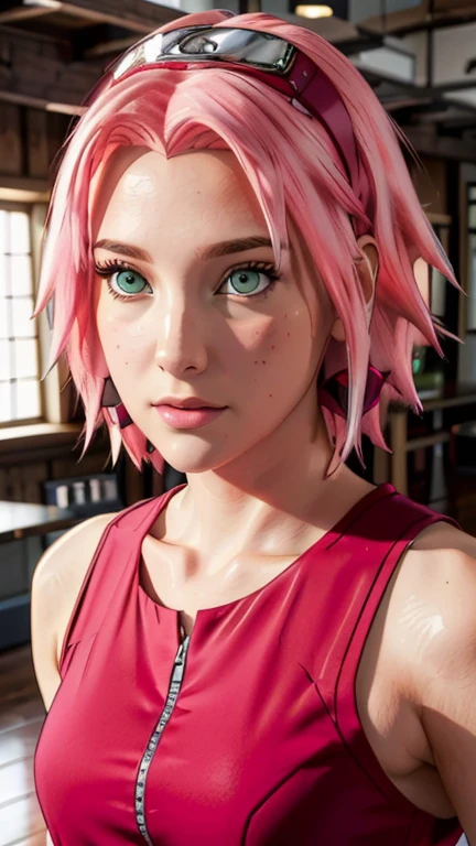 Young, tall woman, slender body, porcelain skin, short pale pink hair, heart-shaped face, wide forehead with a purple rhombus, thin pink eyebrows, large jade green eyes, long eyelashes, buttoned nose, large pink lips , red kimono clothes, black gloves, sword, forest, Sakura Haruno, 3d
