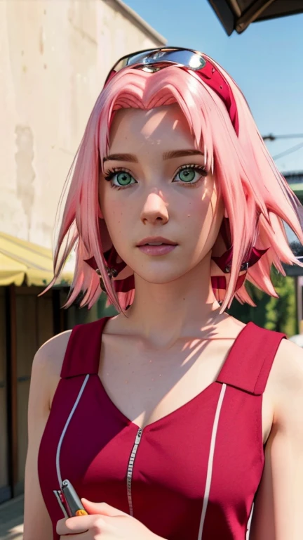 young woman, short shoulder-length pink hair, wide forehead, porcelain skin, pink eyebrows, big emerald green eyes, buttoned nose, full lips, heart-shaped face, slender body, small breasts, red tank top, Sakura Haruno , realistic, realism, details, 3d, well detailed