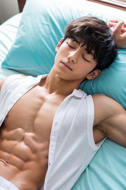 A slim, muscular, handsome Japanese high school boy sleeping with his eyes closed, with a youthful face, white skin, bare upper body, and ripped abs. He is lying on his back on the bed in the nurse's office, with his arms tied above his head.