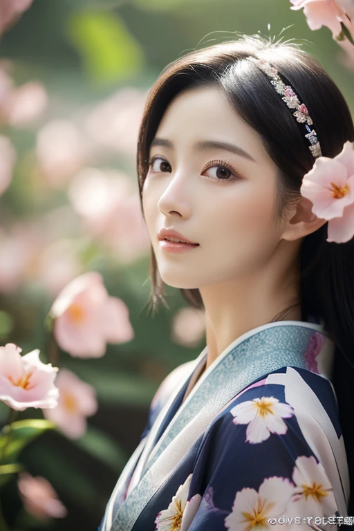 (kimono)、petalは光を反射する、(petal:1.4)、(Hair swaying in the wind:1.4)、(highest quality,masterpiece:1.3,超A high resolution,),(Ultra-detailed,Caustics),(Photorealistic:1.4,RAW shooting,)Ultra-Realistic Capture,Very detailed,High resolution 16K for human skin、 The skin texture is natural、、The skin looks healthy、The color is also uniform.、 Use natural light and color,One Woman,Japanese,,cute,Black-haired,Middle Hair,(Depth of written boundary、chromatic aberration、、Wide range of lighting、Natural Shading、)、