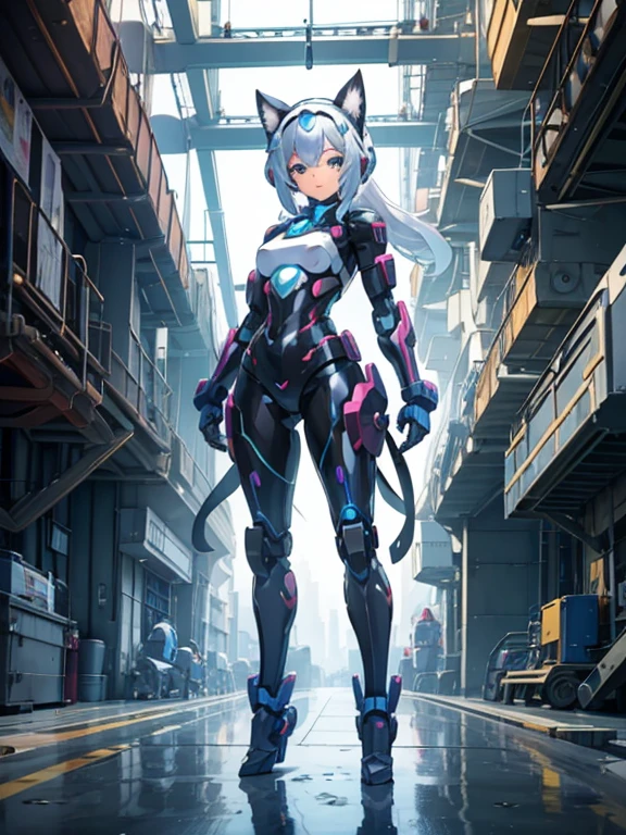 A woman who becomes a hero robot and her pet dog who becomes a support robot,
 Cute and pretty,
 Full Body Shot,
 A pet dog combines with a woman to become a beautiful robot woman,
 Before after