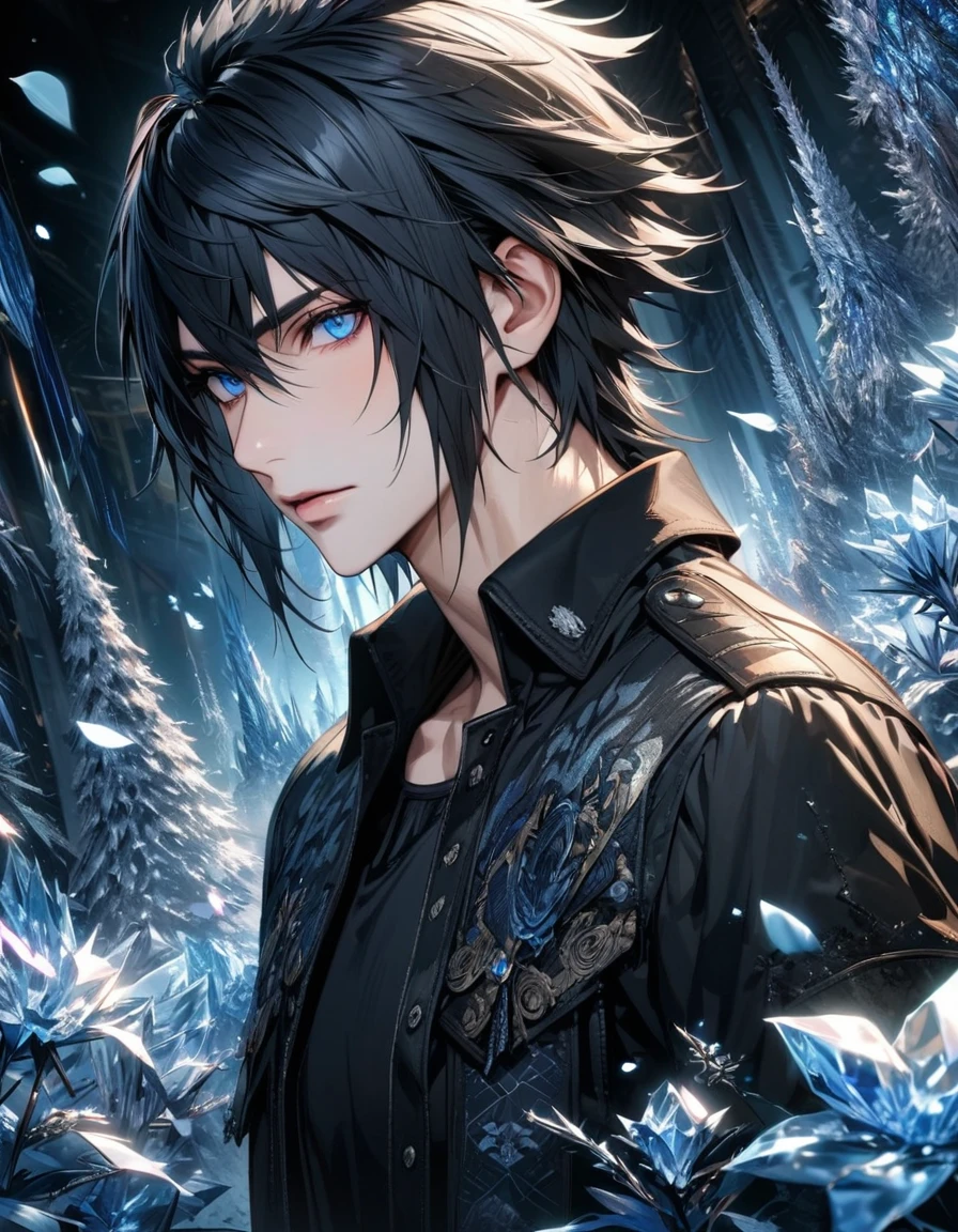 absurdres, highres, ultra detailed, HDR, master piece, best quality, extremely detailed face and eyes, perfect face, beautiful eyes, Noctis Lucis Caelum, black hair, expressive blue eyes, Final Fantasy xv, patterns, solo, man, handsome, ice butterflies, ice trees, ice flowers, ice petals