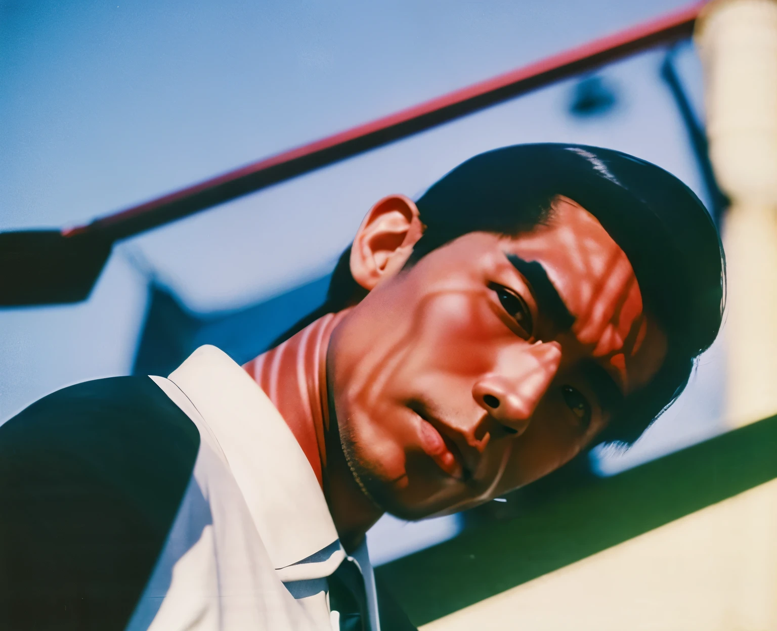 color unsharp masking quality. A human crane hybridization man. Japanese. thick outline. blurry photo. color slide film. 1958.