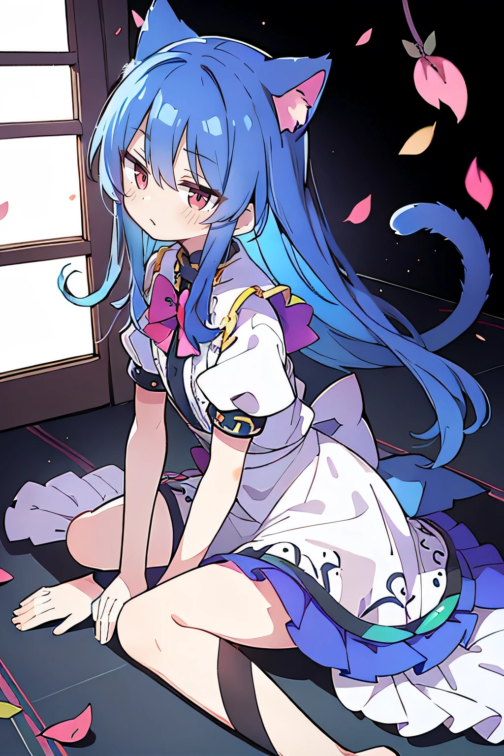 (masterpiece:1.2),ultra-detailed,realistic,expressive eyes,fair-skinned,perfectly shaped face,1girl,
Japanese cartoons,Gorgeous blue hair, flowing blue hair,floating clothes,cat ears,petals falling,beautiful Lola,Hina Angel,
hands on waist,gracefully sitting on the ground,legs crossed,gentle and serene background,cool and comfortable pavilion,shy face ,night .
