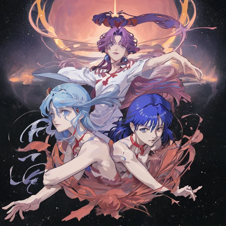 Uma do anime Evangelion de cabelos brancos e com um sorriso macabro e olhos vermelhos cor de sangue e um cabelos longos e lisos brilhando