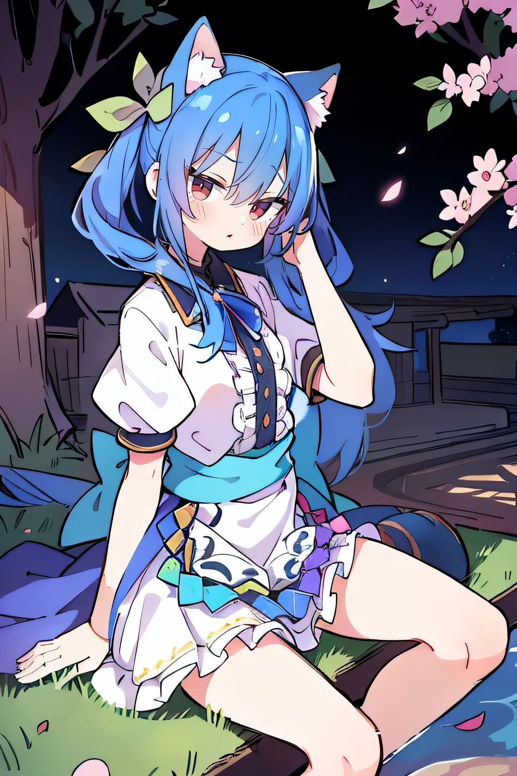 (masterpiece:1.2),ultra-detailed,realistic,expressive eyes,fair-skinned,perfectly shaped face,1girl,
Japanese cartoons,Gorgeous blue hair, flowing blue hair,floating clothes,cat ears,petals falling,beautiful Lola,Hina Angel,
hands on waist,gracefully sitting on the ground,legs crossed,gentle and serene background,cool and comfortable pavilion,shy face ,night .