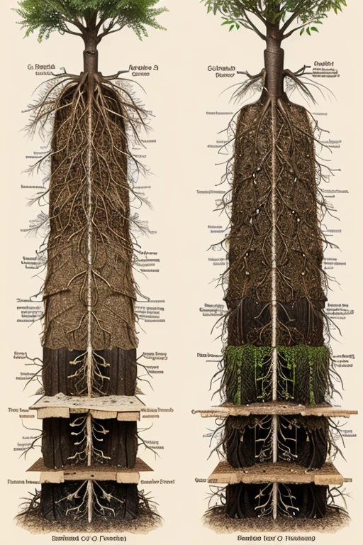 A collection of different types of roots, from fibrous roots to tuberous roots, with labels that explain their features and functions.
