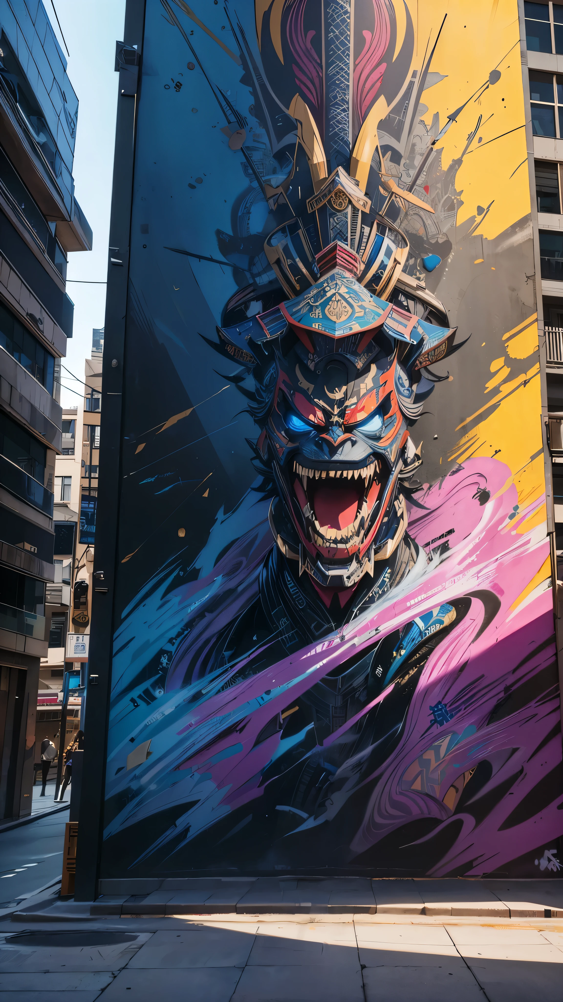 ground shot view, GRAFFITI DRAWING OF A SAMURAI ON THE WALL OF A BUILDING, grafiti style, beautiful picture, absurd amount of detail, SPRAY PAINT, (graffiti wall)、UTRA DETAILED ARMOR, ULTRA DETAILED SWORD, hyper-detailed art、award-winning work, IMPACTFUL VISUAL, refined pixel, outdoor ARTWORK, CINEMATIC LIGHTING, ARTISTIC DETAILS, DYNAMIC SHADOWS ,ATMOSPHERIC EFFECTS, GRAFITI TEXTURES, HIGH-DEFINITION, IMMERSIVE ENVIRONMENT, SUBTLE COLOR GRADING, AUTHENTIC ATMOSPHERE, DETAILED TEXTURES, award winning ARTWORK, MASTERPIECE ARTWORK, trending on artstation, HDR, UHD, 32K, BY EDUARDO KOBRA.