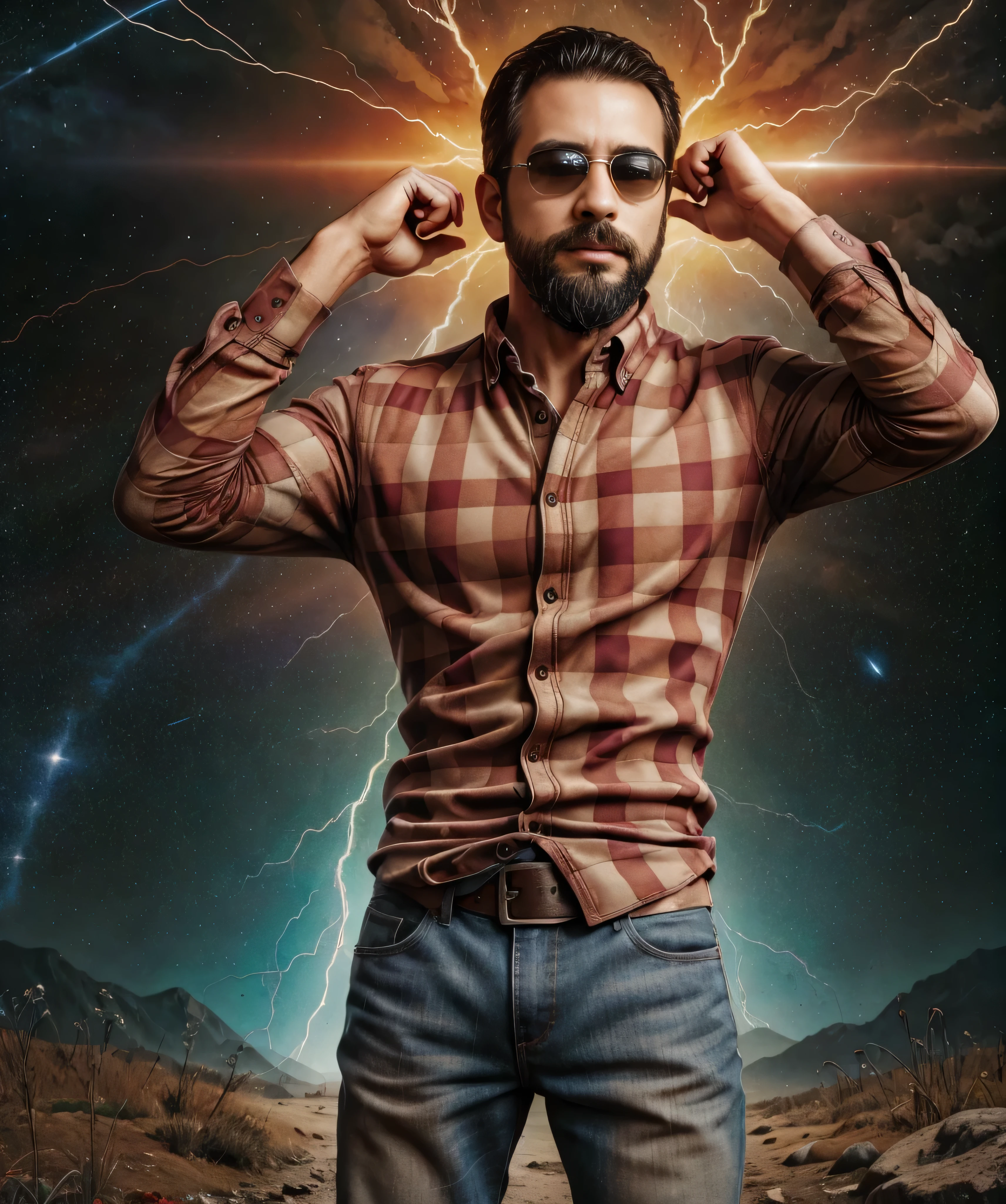 Obra maestra, desenfoque de campo, Parte superior del cuerpo, Hands in pants pockets, 38 year old man with beard and square sunglasses.. Man in a plaid shirt in a space movie with a plasma storm in the background.