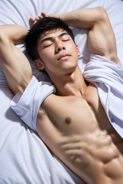 A slim, muscular, handsome Japanese high school boy sleeping with his eyes closed, with a youthful face, white skin, bare upper body, and ripped abs. He is lying on his back on the bed in the nurse's office, with his arms tied above his head.