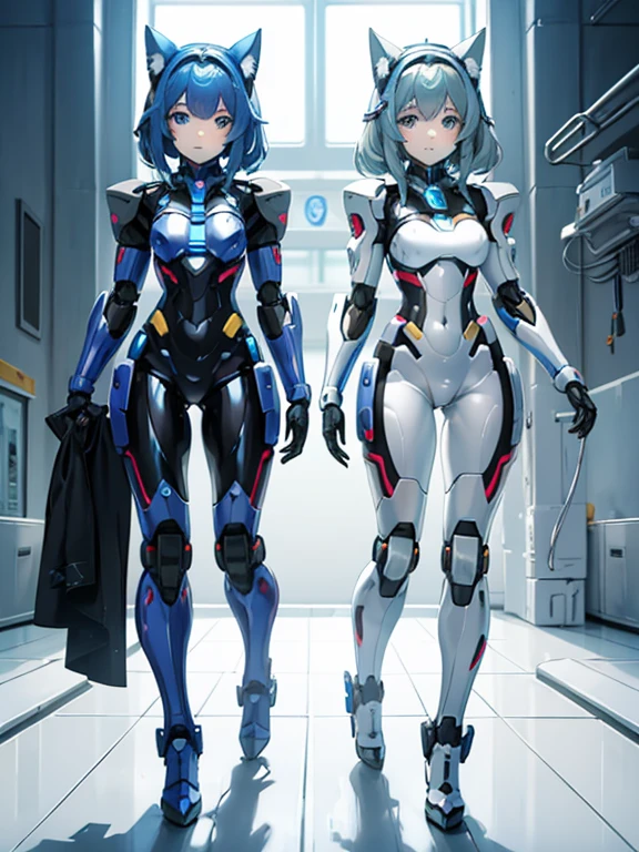 A woman who becomes a hero robot and her pet dog who becomes a support robot, Cute and pretty, Full Body Shot, A pet dog combines with a woman to become a beautiful robot woman, Before after