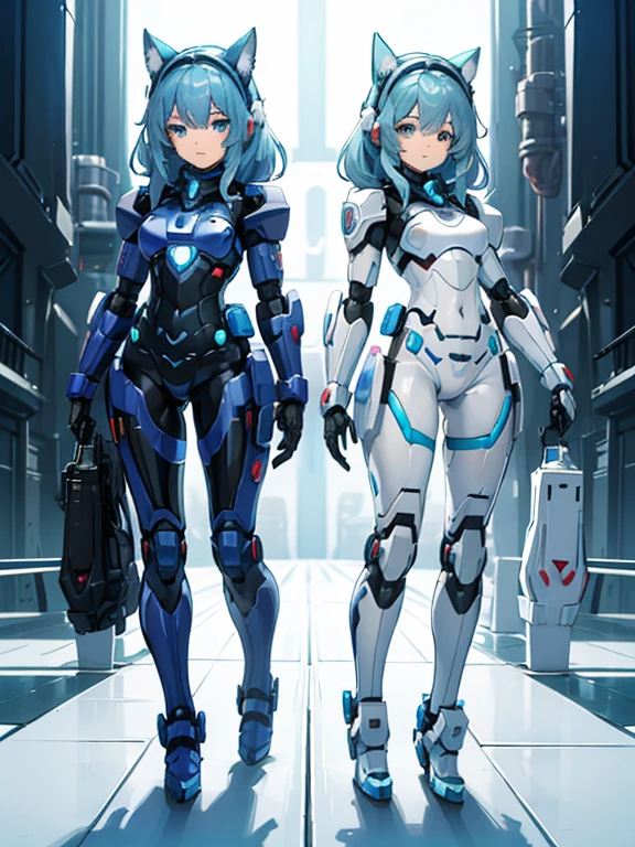 A woman who becomes a hero robot and her pet dog who becomes a support robot, Cute and pretty, Full Body Shot, A pet dog combines with a woman to become a beautiful robot woman, Before after
