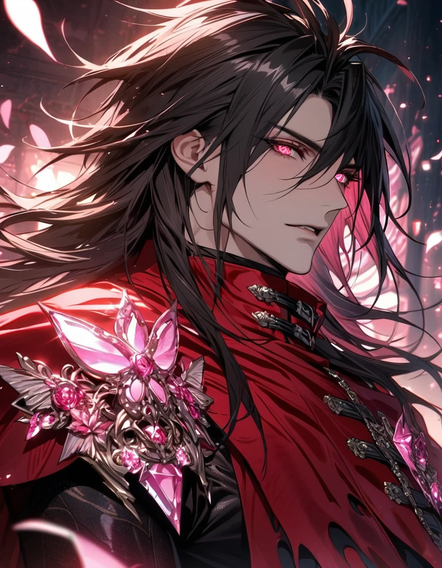 Ultra detailed, HDR, Highres, absurdres, master piece, Vincent Valentine, expressive red eyes, black hair, Final Fantasy Dirge Of Cerberus, red cape with patterns, black tight shirt, pink glittering erflies, pink ice, petals, pink ice glass flowers, sexyn, solo, extremely detailed face and eyes, extremely handsome, glittering, glittering eyes,