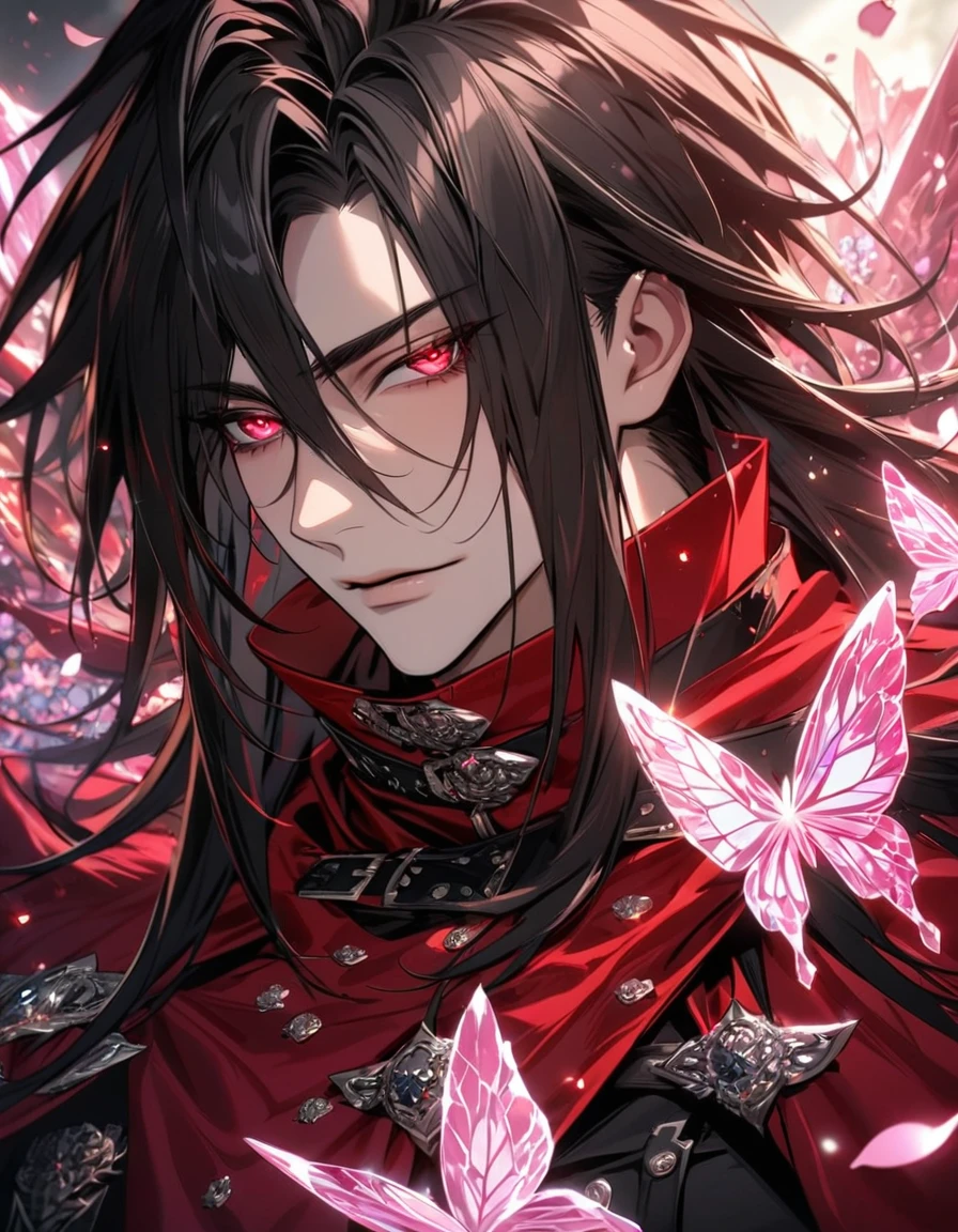 Ultra detailed, HDR, Highres, absurdres, master piece, Vincent Valentine, expressive red eyes, black hair, Final Fantasy Dirge Of Cerberus, red cape with patterns, black tight shirt, pink glittering butterflies, pink ice, petals, pink ice glass flowers, sexy man, solo, extremely detailed face and eyes, extremely handsome, glittering, glittering eyes,