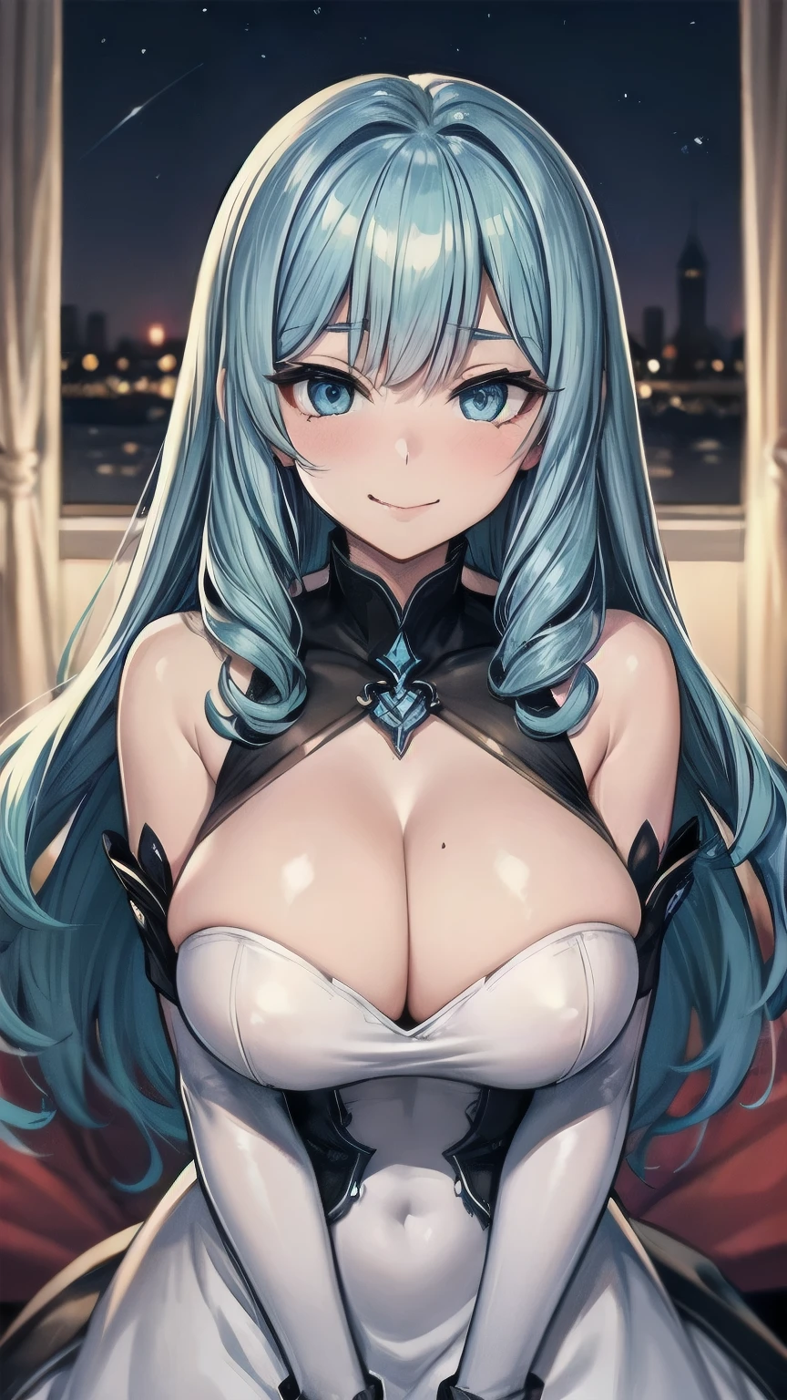 (masterpiece), best quality, emotionless eyes, perfect face, 1girl, solo, huge breasts, smile, blunt bangs, hourglass figure, milf, mother, long hair, wavy hair, (light blue hair BREAK light blue eyes BREAK) lipstick, night dress, yellow dress BREAK red lipstick BREAK shiny dress, elbow gloves, white gloves BREAK standing, closed mouth, fancy room, looking_at_viewer, bare shoulders, sleeveless dress, standing, pov, upper body, smirk, looking at viewer, blush, closed mouth, ((sfw))