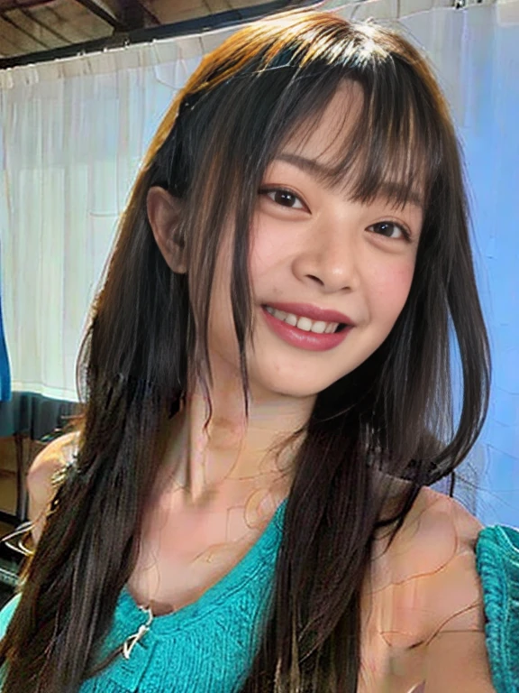 highest quality, masterpiece, Ultra-high resolution, (photo Realistic:1.4), (Depth of written boundary), Realistic, professional Lighting, Physically Based Rendering,
1 Japanese girl, (Satisfied smile:1.2), Cinematic Light,Detailed ink splashes, Only the upper body and head can be seen, Looking at the audience, Focus on the eyes, squat, Incredibly detailed, Narrow waist, 19 years old, Disheveled long hair, Reverse hair, Asymmetrical bangs, Light brown hair, Hair blowing in the wind, So beautiful, Happy, Very fine grain, Delicate arms and hands, Cleavage cutout, Perfect and delicate limbs, Detailed eye of beauty, Real skin texture, (Black camisole), Too much exposure, Detailed painted fabric, Blurred Background, indoor, bed, Lighting,
