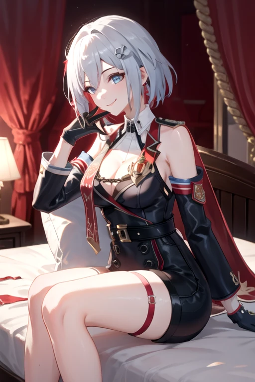 1girl, topaz \(honkai: star rail\), solo, black gloves, thigh strap, hair ornament, unitard, detached sleeves, badge, side cape, belt, cowboy shot, bedroom, depth of field, sitting on side of the bed, reclining, arm support,  gasping, ecstasy, seductive smile, masterpiece, large breasts, thights,