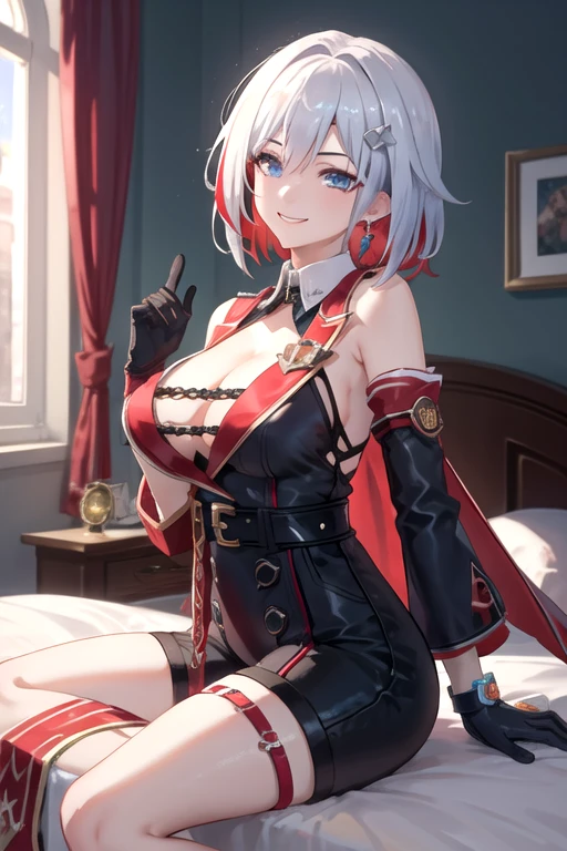 1girl, topaz \(honkai: star rail\), solo, black gloves, thigh strap, hair ornament, unitard, detached sleeves, badge, side cape, belt, cowboy shot, bedroom, depth of field, sitting on side of the bed, reclining, arm support,  gasping, ecstasy, seductive smile, masterpiece, large breasts, thights,