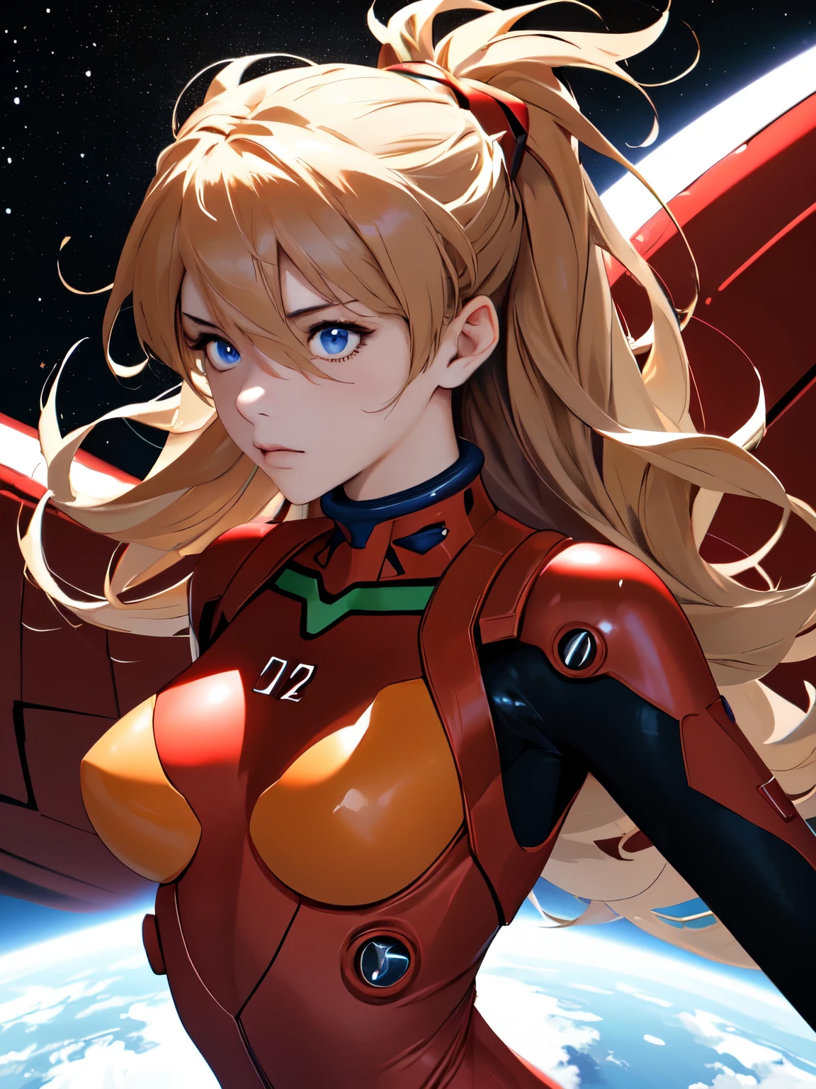 (masterpiece, highest quality), One girl, Beautiful Face, Beautiful body, souryuu_Asuka_Langley, Plug Suit, Bodysuits, Interface Headset, red Bodysuits, Hair between the eyes, Pilot Suit,((Show your whole body:1.5)), The background is space (Amazing details, Excellent lighting, Wide-angle)