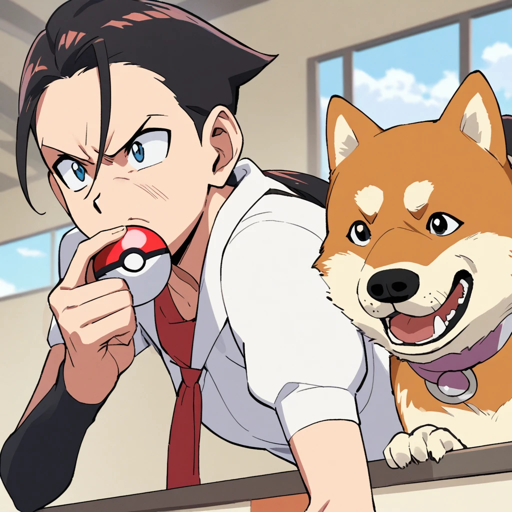 A confused Shiba Inu sniffs a poke ball that just hit it. Jessee of team rocket looks annoyed