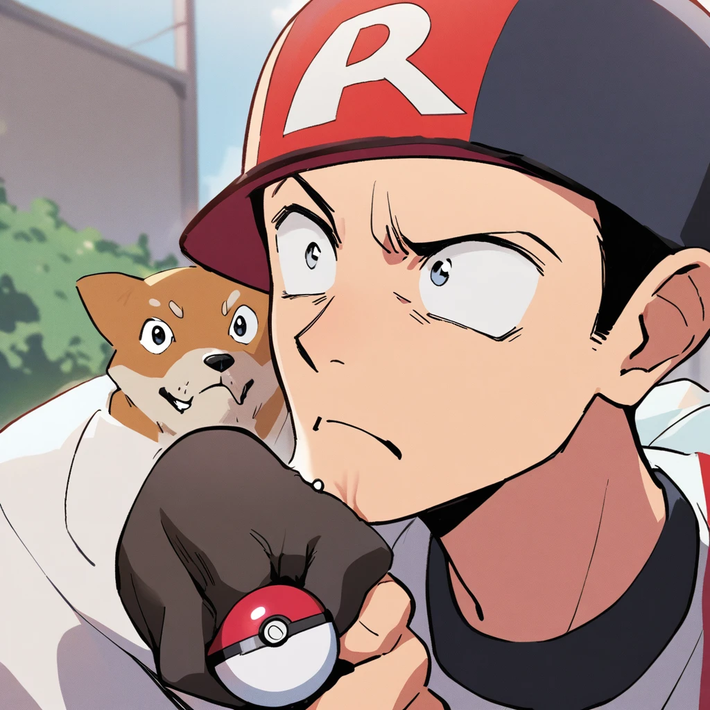 A confused Shiba Inu sniffs a poke ball that just hit it. Jessee of team rocket looks annoyed