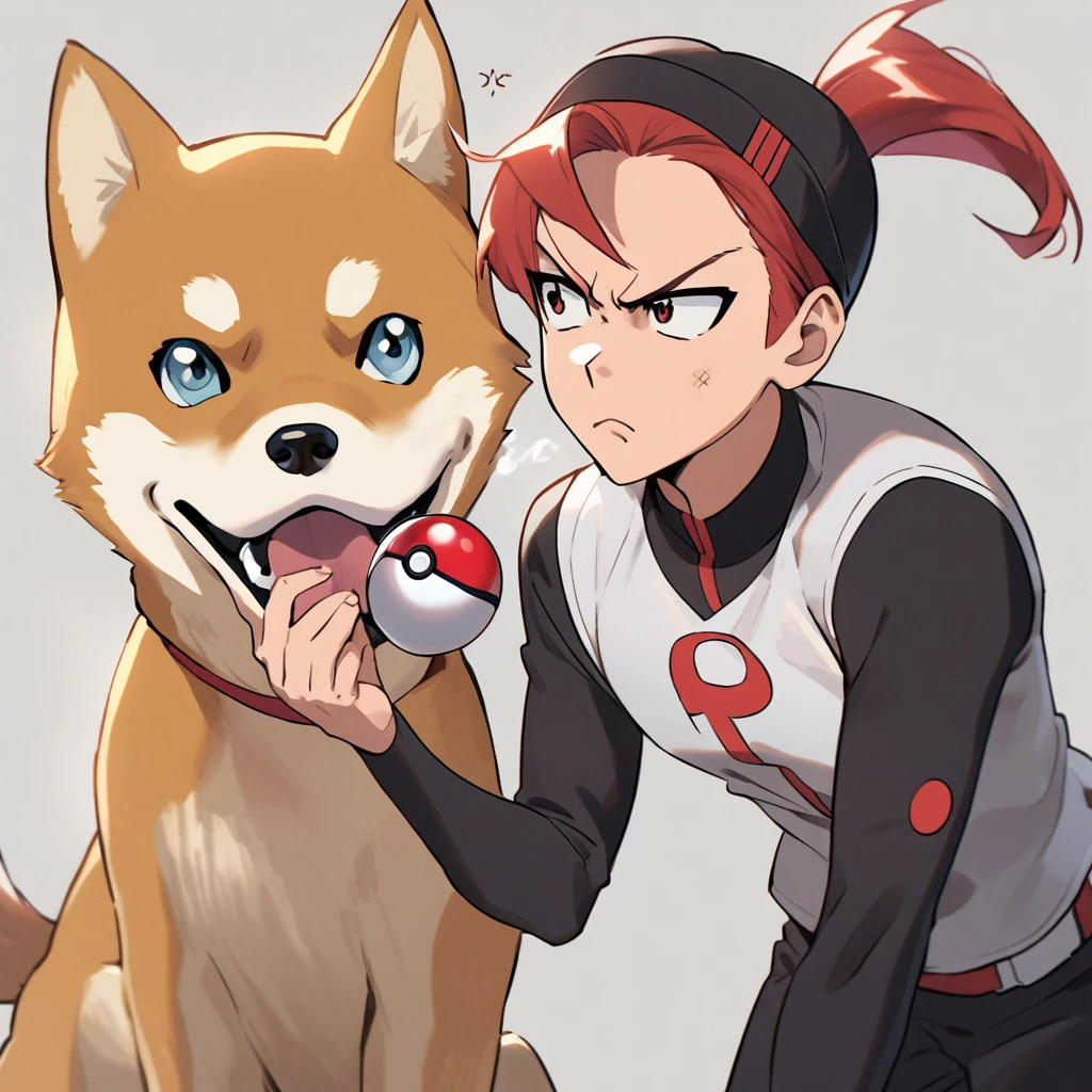 A confused Shiba Inu sniffs a poke ball that just hit it. Jessee of team rocket looks annoyed