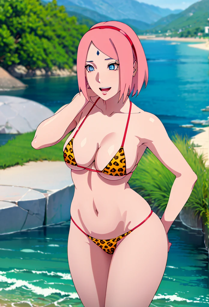 (masterpiece, 4K, highest quality, anime style: 1.9, Detailed face, Lovely, Ocean,Thick drawn lines, High resolution, anime, Lake 4. alone, Curvaceous, Thighs, Cleavage, Medium ?????, smile, Please open your mouth wide, Very slim belly, Cowboy Shot, Leopard print ??????,1 girl,haruno sakura, Forehead mark, Red Hairband、NARUTOanime風